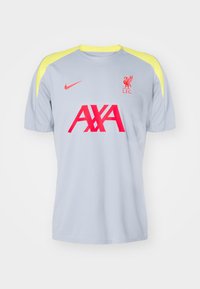 Light gray athletic jersey with short sleeves, yellow shoulder accents, red logo, and 'AXA' text in bold red. Made of breathable fabric.