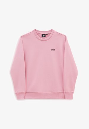 Sudadera de cuello redondo rosa, hecha de una tela suave con puños y dobladillo acanalados. Presenta un pequeño logotipo negro en la parte delantera. Diseño simple y casual.