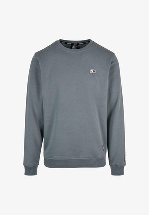 Szara bluza z miękkiego materiału, z okrągłym dekoltem, długimi rękawami, ściągaczami na mankietach oraz małym logo na piersi.