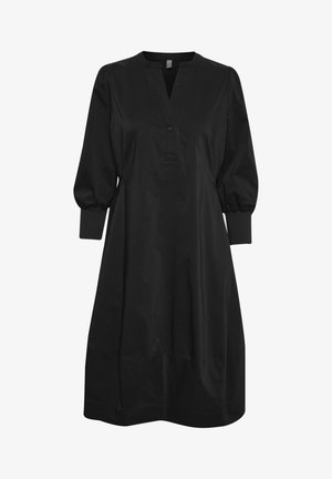 Schwarzes Kleid aus glattem Stoff mit einem Reverskragen, Knopfverschluss und Ballonärmeln mit schmalen Bündchen. A-Linie Silhouette.