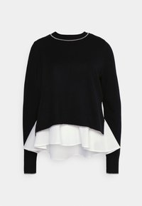 Czarny dzianinowy sweter z długimi rękawami, okrągłym dekoltem i warstwowym, białym szyfonowym dołem. Dekolt zdobi srebrny akcent.