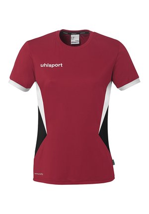 T-shirt de sport pour femmes de couleur bordeaux avec des panneaux latéraux blancs et noirs, des poignets de manches blancs, et le logo « uhlsport » sur la poitrine.