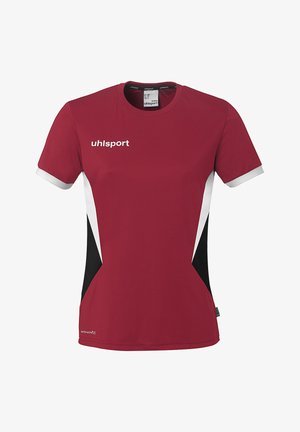 T-shirt de sport pour femmes de couleur bordeaux avec des panneaux latéraux blancs et noirs, des poignets de manches blancs, et le logo « uhlsport » sur la poitrine.
