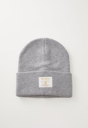 Gray knit beanie with a folded cuff. Features a textured ribbed pattern and a cream label with gold text and lighthouse graphic.