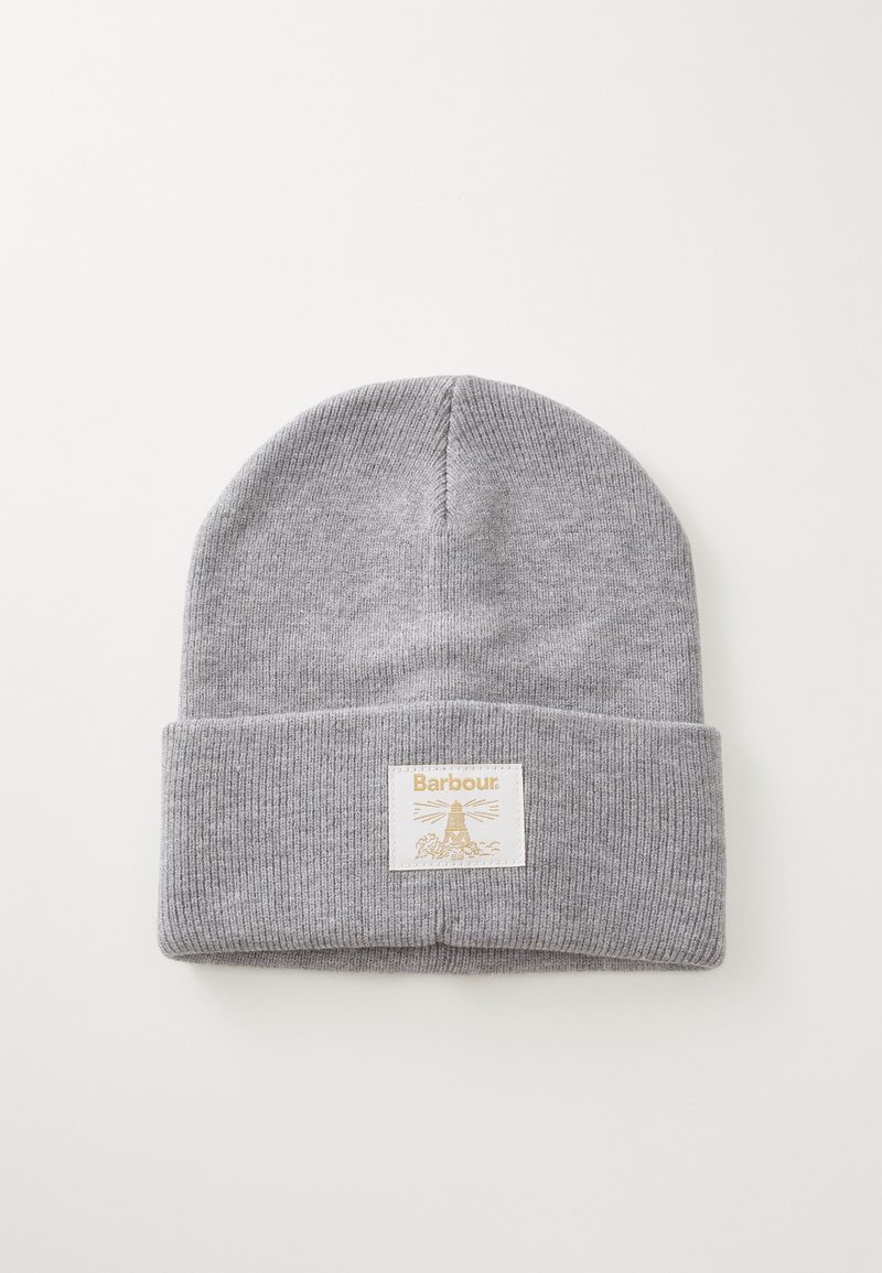Gray knit beanie with a folded cuff. Features a textured ribbed pattern and a cream label with gold text and lighthouse graphic.