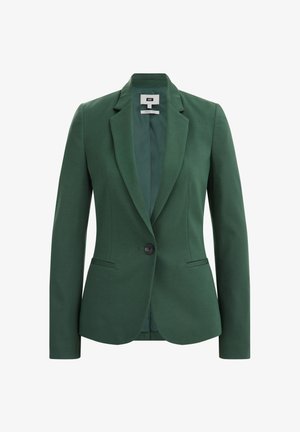 Green blazer featuring a fitted design, notched lapels, single button closure, and two front pockets. Smooth texture with a structured silhouette.