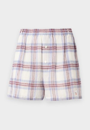 Pánské bílé boxerky s červeno-modrým károvaným vzorem, elastickým pasem a dvěma předními knoflíky.