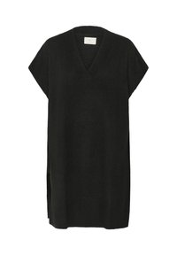 Zwarte tuniek van een korte mouw met V-hals en zijsplitten. Gemaakt van zacht breimateriaal, met een relaxed fit en een minimalistisch ontwerp.
