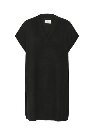 Zwarte tuniek van een korte mouw met V-hals en zijsplitten. Gemaakt van zacht breimateriaal, met een relaxed fit en een minimalistisch ontwerp.