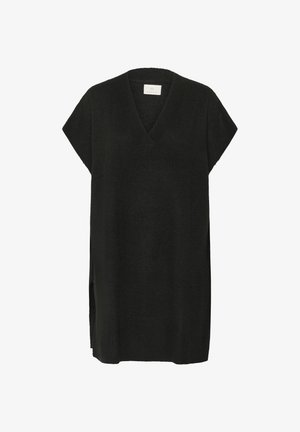 Sort, kortærmet V-hals sweater-tunika med sideslidser. Fremstillet af blødt strikmateriale, der har en afslappet pasform og et minimalistisk design.