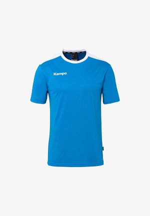 Blauses Sportshirt aus leichtem Stoff, mit kurzen Ärmeln, Rundhalsausschnitt und weißen Akzenten auf den Schultern. "Kempa"-Logo angezeigt.