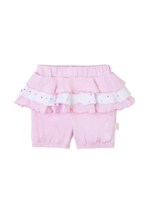 Pantaloni corti rosa con sovrapposizione a volant a strati, caratterizzati da un tessuto bianco con pois colorati e un piccolo giraffa ricamato sulla gamba.