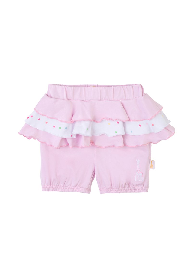 Pantaloni corti rosa con sovrapposizione a volant a strati, caratterizzati da un tessuto bianco con pois colorati e un piccolo giraffa ricamato sulla gamba.