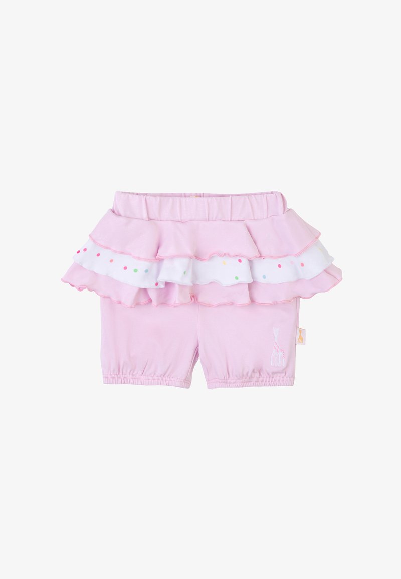 Pantaloni corti rosa con sovrapposizione a volant a strati, caratterizzati da un tessuto bianco con pois colorati e un piccolo giraffa ricamato sulla gamba.