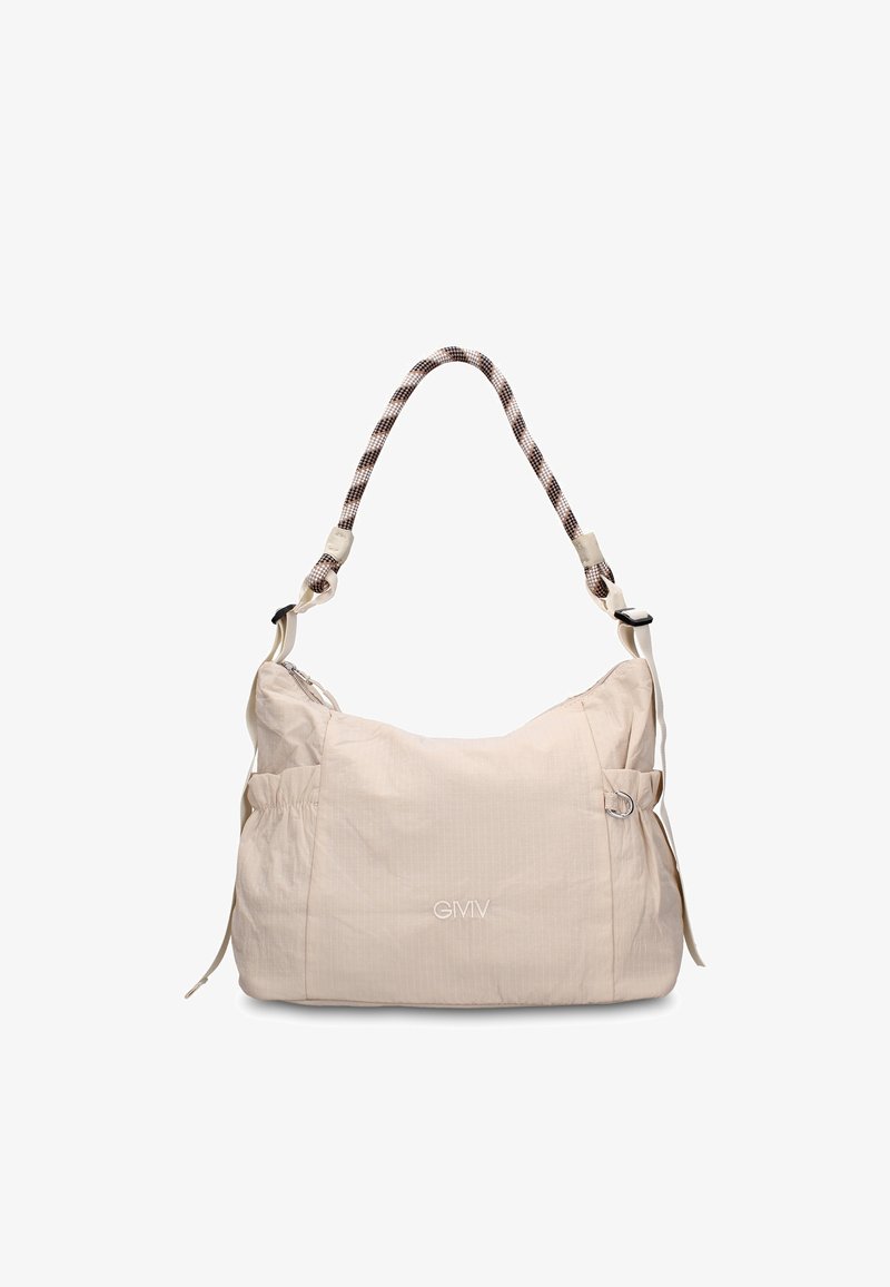 Sac à épaule beige avec une sangle tressée à motifs, des poches latérales, une boucle réglable et un logo "GMV" brodé à l'avant.