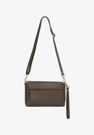 Braune, strukturierte Leder-Umhängetasche mit verstellbarem Tragegurt, ausgestattet mit einem Hauptfach mit Reißverschluss und einer Vordertasche mit Reißverschluss.