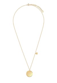 Złoty naszyjnik z okrągłym wisiorkiem i małym akcentem w kształcie serca. Posiada delikatny łańcuszek z regulowaną długością, co umożliwia wszechstronne noszenie.