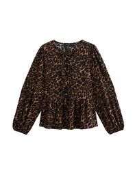 Blouse à motif léopard avec manches longues, devant à cordon de serrage, taille froncée et ourlet peplum. Le matériau semble léger et texturé.
