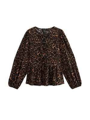Blouse met luipaardprint, lange mouwen, trekkoord aan de voorkant, gathered taille en een peplumzoom. Het materiaal lijkt lichtgewicht en textuur te hebben.