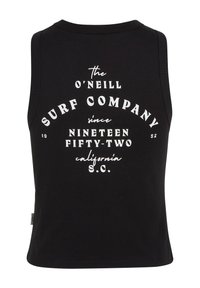 Svart ärmlös linne i bomull. Har vit text som säger "O'Neill Surf Company sedan nittonfemtiotvå" med en rundad design.