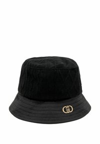 Must Black bucket hat, mille tekstureeritud kootud ülaosa, sujuv tepitud alumine riba ja kuldne logo aksent ees.