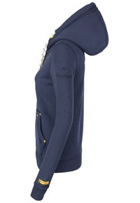 Hoodie bleu marine en matériau doux, doté d'une grande capuche, d'une fermeture éclair à l'avant, de poches latérales et d'accents en matériel doré.