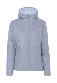 Giacca isolante grigio chiaro con zip frontale e cappuccio. Dotata di cuciture a forma di chevron e di un logo sul lato sinistro del petto. Texture liscia.