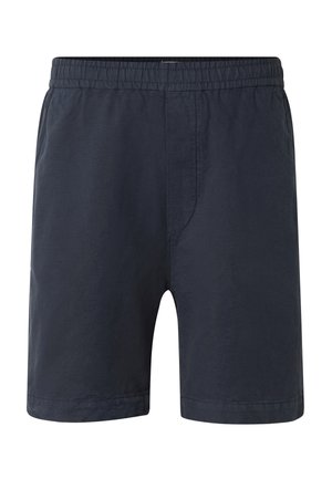 Tummansinisen miesten shortsit, joissa on joustava vyötärö, sivutaskut ja sileä, yksivärinen kangaspinta.