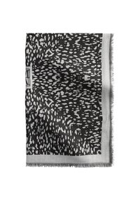 Écharpe à motifs noir et blanc avec des franges, présentant un design texturé de formes irrégulières et une finition en tissu lisse.