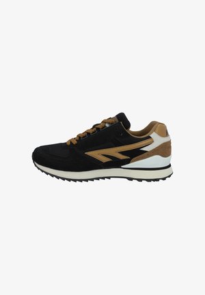 Black and brown athletic shoe with suede and fabric upper, lace-up design, chunky white sole, and textured accents.