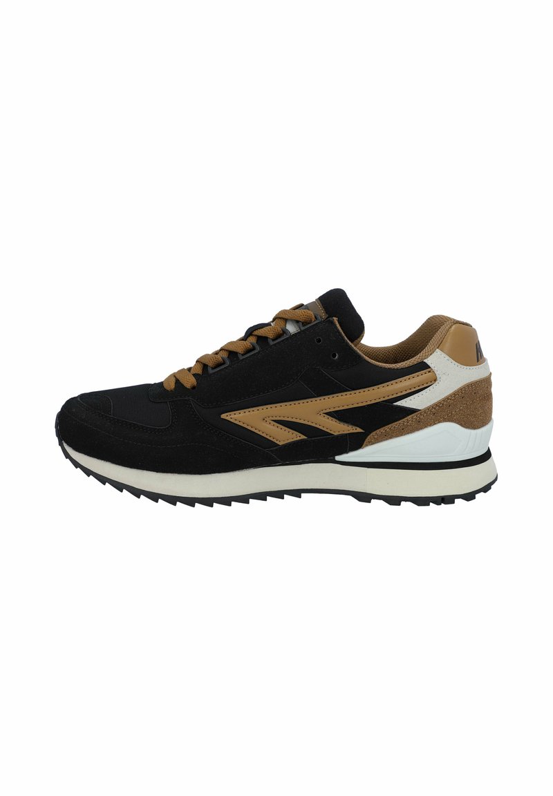 Black and brown athletic shoe with suede and fabric upper, lace-up design, chunky white sole, and textured accents.