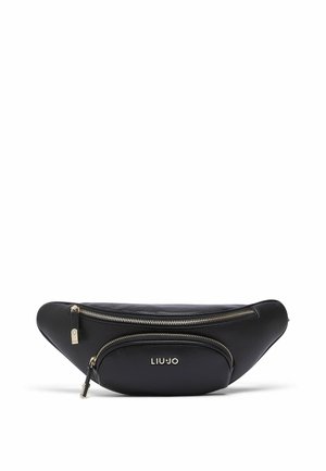Zwarte leren heuptas met twee ritssluitingen en goudkleurige hardware, gebrandmerkt met "LIU JO" op het voorvak.