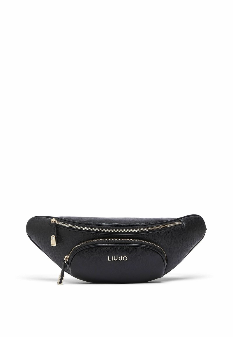 Sac banane en cuir noir avec deux compartiments zippés et une quincaillerie dorée, marqué de la signature "LIU JO" sur la poche avant.