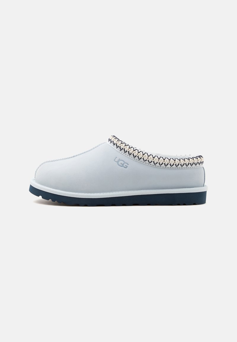 Chaussure légère bleu clair à enfiler avec une semelle foncée, bordure décorative cousue autour de l'ouverture et logo UGG sur le côté.