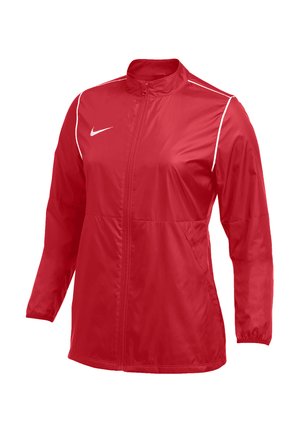 Red Nike sports jacket with full front zipper, long sleeves, high collar, white piping on shoulders, and a white Nike logo on the chest.