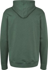 Zelená mikina s texturovanou látkou. Má kapuci se stahovací šňůrkou a žebrované manžety. Pohled zezadu ukazuje jednoduchý a čistý design.
