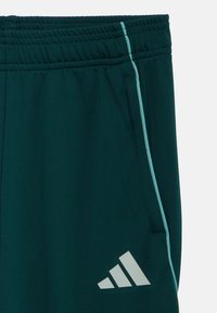 Pantalones deportivos color verde azulado con cintura elástica, bolsillos laterales y acentos en azul claro. Cuenta con un logo reflectante en la pierna inferior.