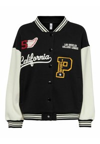 Czarna kurtka varsity z białymi rękawami, ozdobiona haftowanymi naszywkami, w tym "California", "5" oraz "Los Angeles College League". Pasiaste mankiety.