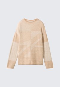 Bež džemper s oversized krojem, rebrastom teksturom i geometrijskim uzorcima u boji off-white. Široki rukavi i okrugli izrez. Mekana pletena tkanina.