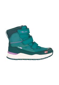 Zapatillas altas impermeables para niños en color verde azulado, con correas de Velcro, detalles morados y bandera noruega en la puntera.