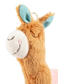 Plush toy llama with a fluffy tan body and soft white face. Features floppy blue ears, embroidered details, and a loop for hanging.