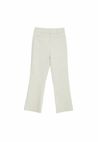 Beige flared broeken met een gladde textuur, voorzien van twee achterzakken en lussen voor een riem, gemaakt van een lichtgewicht stof.