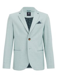 Ljusblå blazer med slagkrage, en knappstängning, två framfickor och mönstrad mörk foder. Har en bröstficka med näsduk.