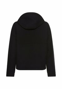 Zwarte hoodie met een gladde textuur, met een rechte snit, lange mouwen en een eenvoudige achterkant zonder zichtbare logo's of hardware.