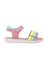 Sandały multicolor en rosa y azul con correa de velcro ajustable, suave forro interior y suela de goma blanca texturizada. Diseñados para ofrecer comodidad y soporte.