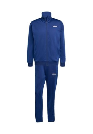 Marineblauw trainingspak van een gladde stof, met een vest met rits en een kraag en bijpassende broek. Adidas-logo op beide items.