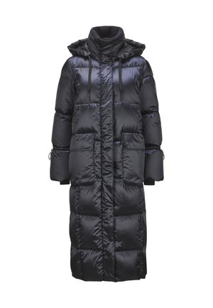 Langer schwarzer glänzender wattierter Wintermantel mit Kapuze, Fronttaschen und Kordeln an Kapuze und Manschetten.