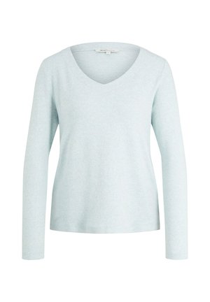 Hellblauer Langarm-V-Ausschnitt-Pullover mit schlanker Passform und einfacher, glatter Textur.