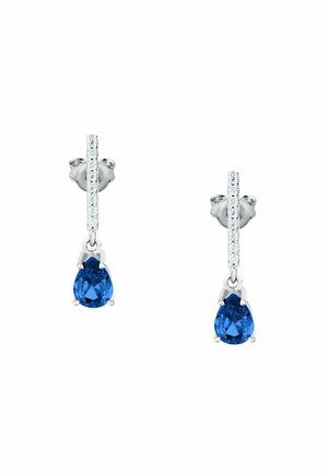 Orecchini a goccia in argento con un pendente di pietra blu a forma di pera e un perno con pietra chiara. Finitura liscia, forma elegante e dettagli intricati.