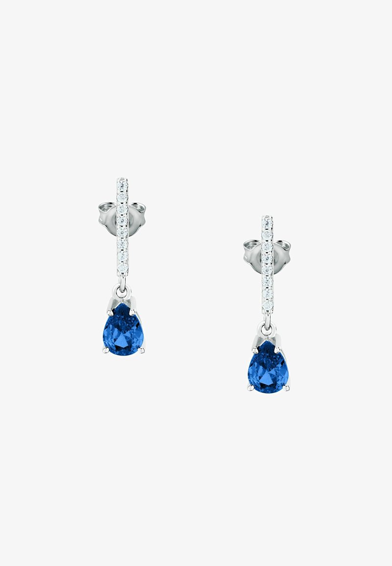 Orecchini a goccia in argento con un pendente di pietra blu a forma di pera e un perno con pietra chiara. Finitura liscia, forma elegante e dettagli intricati.